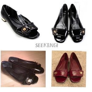 In search of black patent leather Tory Burch peep toe button flats in Size 7!